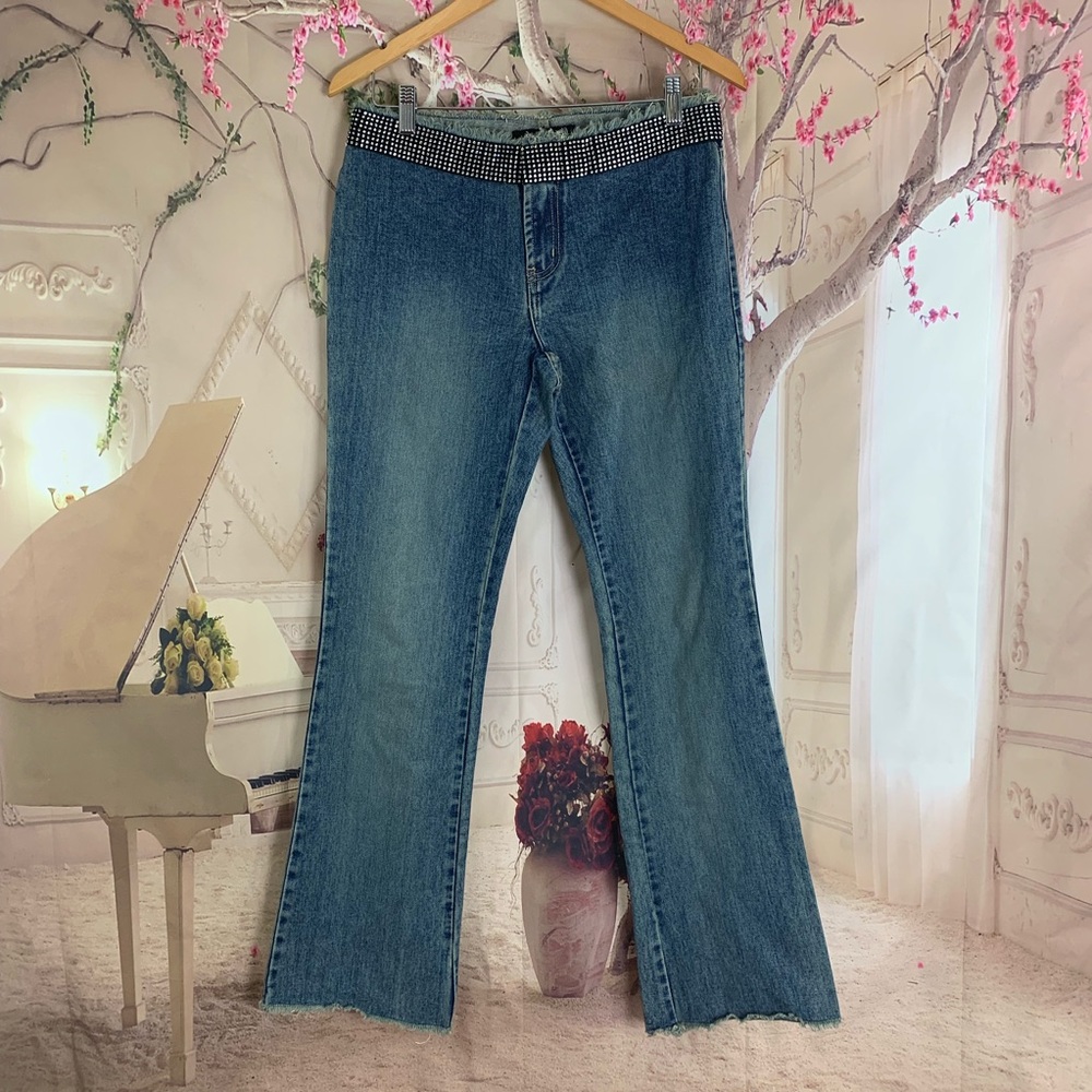 Express Embellished Jeweled Jeans Raw Hem 3/4